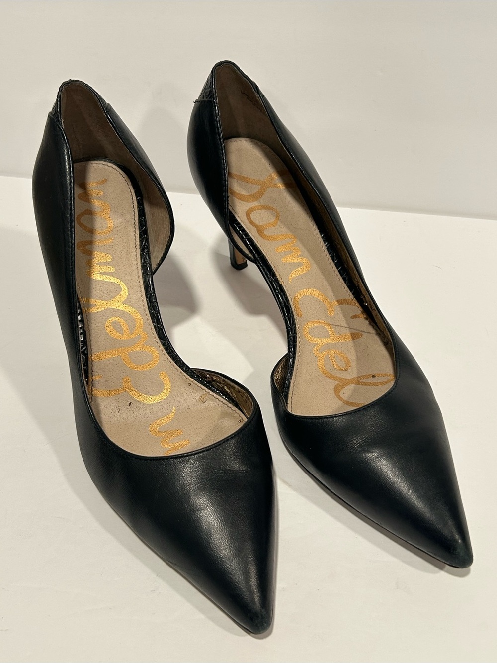 Sam Edelman Jaina Black Leather d'Orsay Pointed Toe Stiletto Pumps Size 7.5M